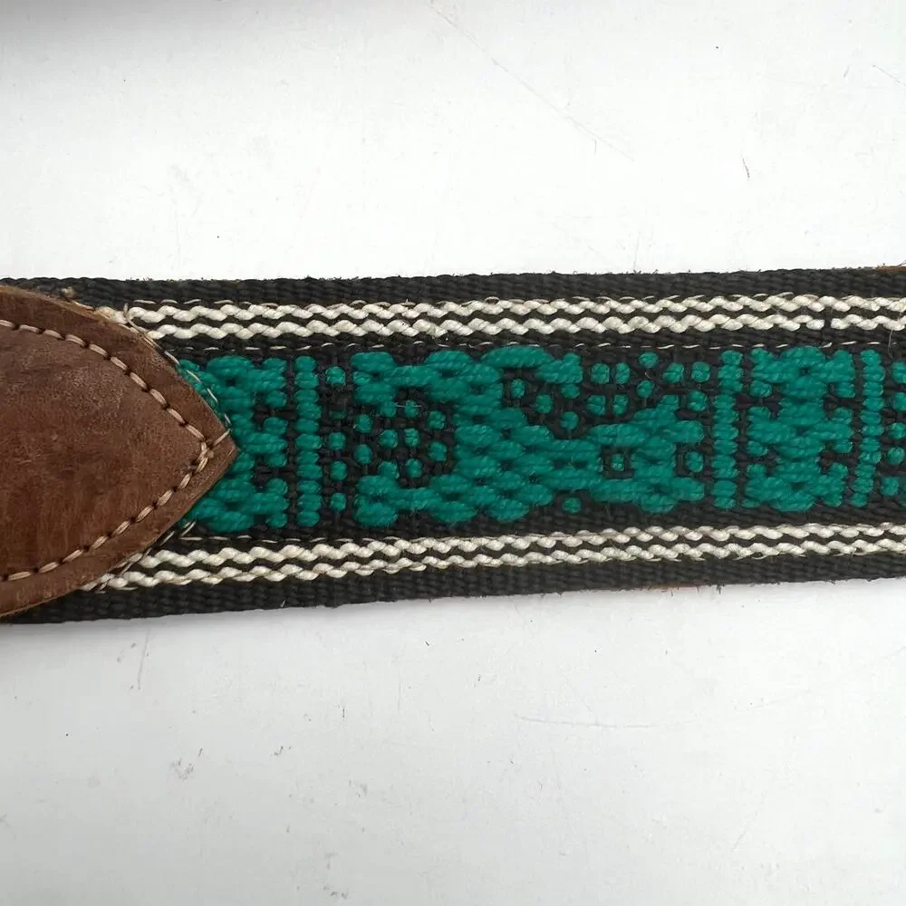 Handmade Leather Belt Woven Tribal Animal Motifs Green Tan